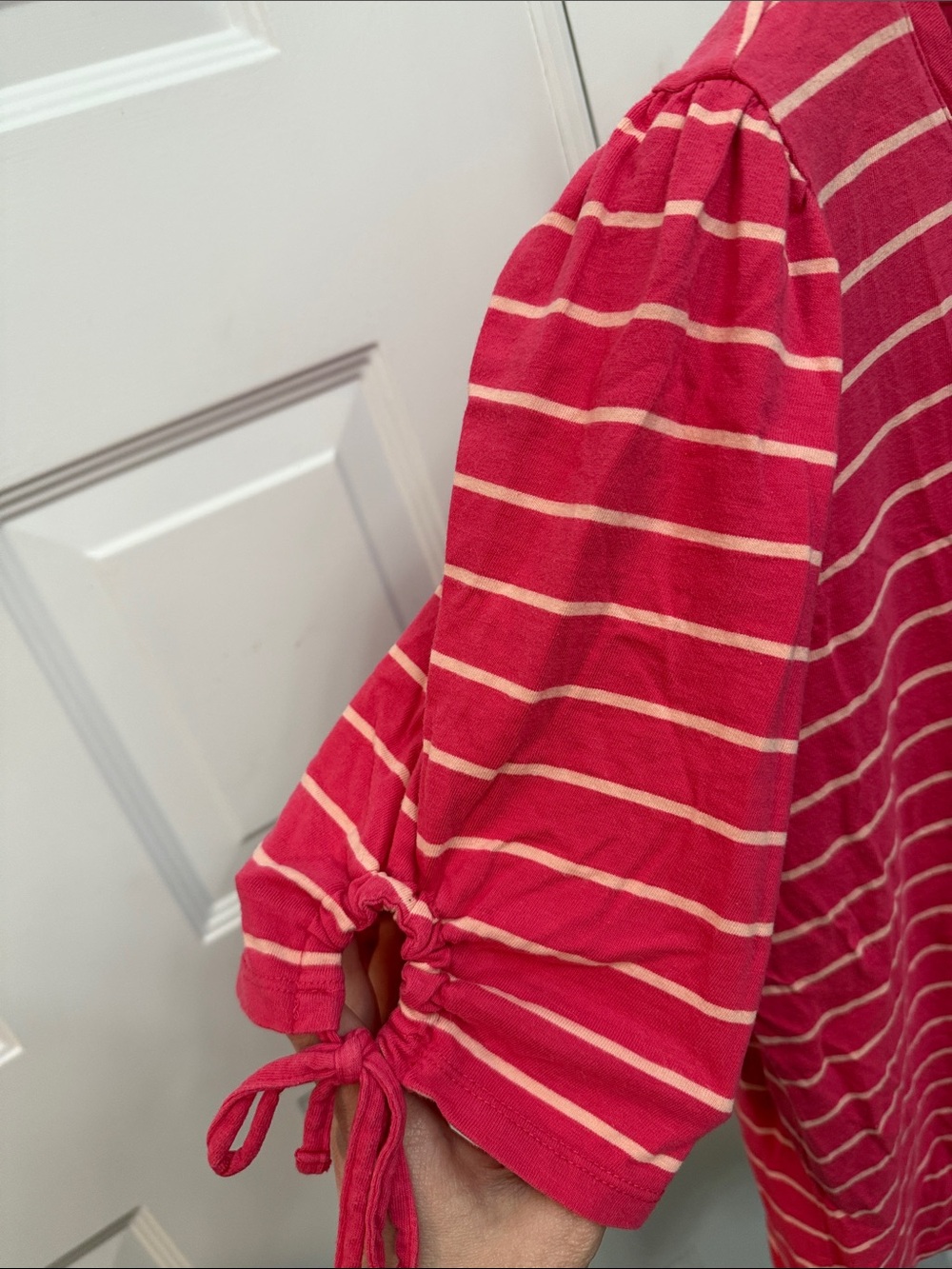 Talbots Raspberry Pink Striped V‑Neck Tie‑Sleeve Tee - Picture 2 of 5